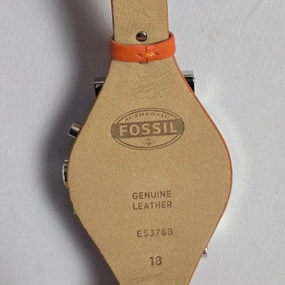 Fossil Del Rey Chronograph Orange Leather Cuff Watch ES3768 Silver Cream Dial